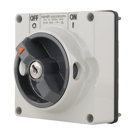 NHP ISO Surface Switch - Key, Lock in ON/OFF, 3 Pole 32A 500V AC, w/o Base, Grey