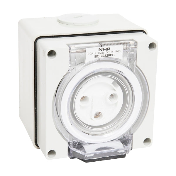 NHP ISO Socket Outlet, 3 Round Pins 20A 250V AC, w/ Base, Grey***EMAIL/TEXT FOR PRICING***