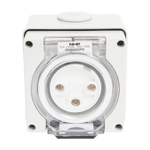 NHP ISO Socket Outlet, 3 Round Pins 32A 250V AC, w/ Base, Grey***EMAIL/TEXT FOR PRICING***