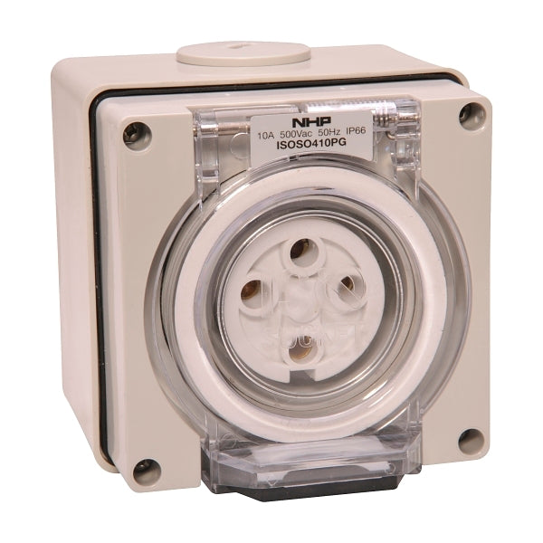 NHP ISO Socket Outlet, 4 Round Pins 10A 500V AC, w/ Base, Grey***EMAIL/TEXT FOR PRICING***