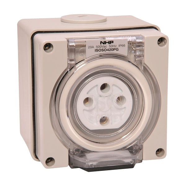 NHP ISO Socket Outlet, 4 Round Pins 20A 500V AC, w/ Base, Grey***EMAIL/TEXT FOR PRICING***