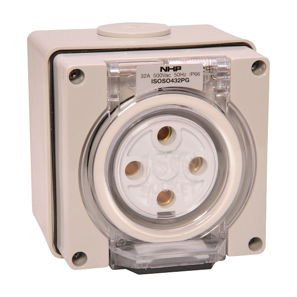 NHP ISO Socket Outlet, 4 Round Pins 32A 500V AC, w/ Base, Grey***EMAIL/TEXT FOR PRICING***