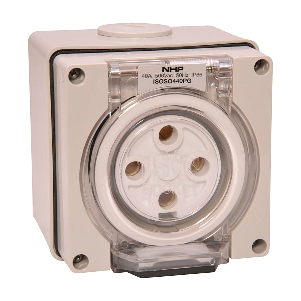 NHP ISO Socket Outlet, 4 Round Pins 40A 500V AC, w/ Base, Grey***EMAIL/TEXT FOR PRICING***