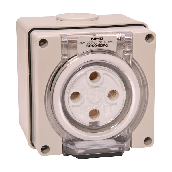 NHP ISO Socket Outlet, 4 Round Pins 50A 500V AC, w/ Base, Grey***EMAIL/TEXT FOR PRICING***