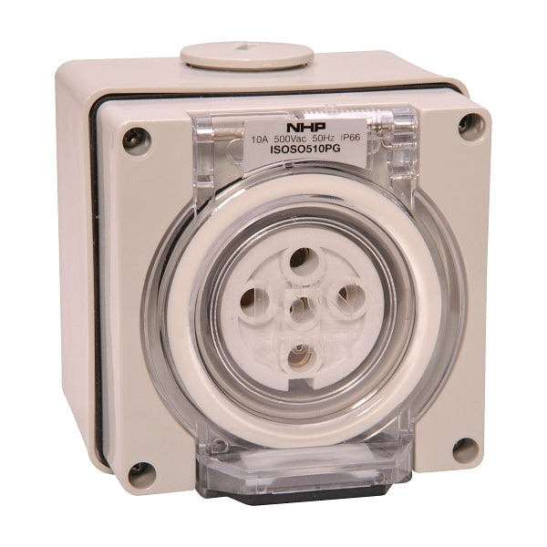 NHP ISO Socket Outlet, 5 Round Pins 10A 500V AC, w/ Base, Grey***EMAIL/TEXT FOR PRICING***