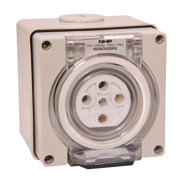 NHP ISO Socket Outlet, 5 Round Pins 20A 500V AC, w/ Base, Grey***EMAIL/TEXT FOR PRICING***