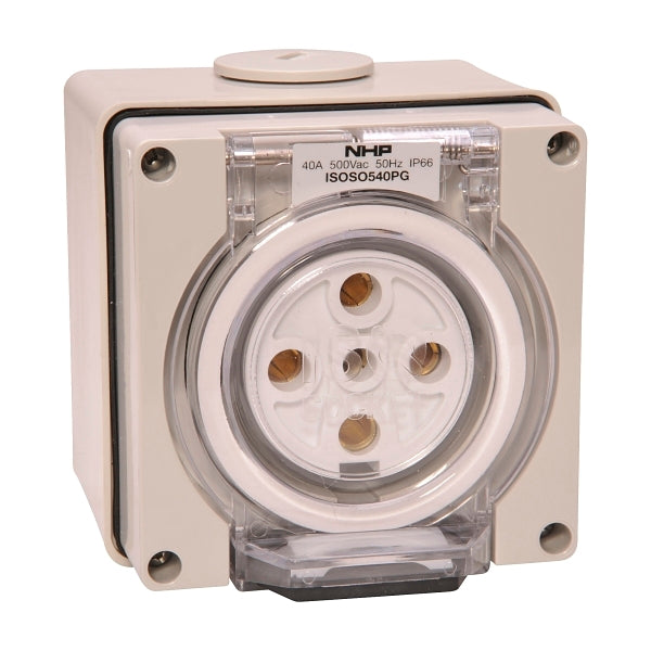 NHP ISO Socket Outlet, 5 Round Pins 40A 500V AC, w/ Base, Grey***EMAIL/TEXT FOR PRICING***