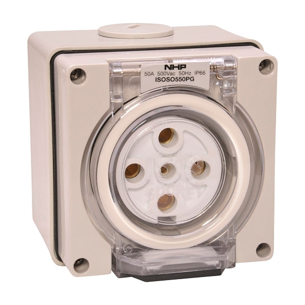 NHP ISO Socket Outlet, 5 Round Pins 50A 500V AC, w/ Base, Grey***EMAIL/TEXT FOR PRICING***