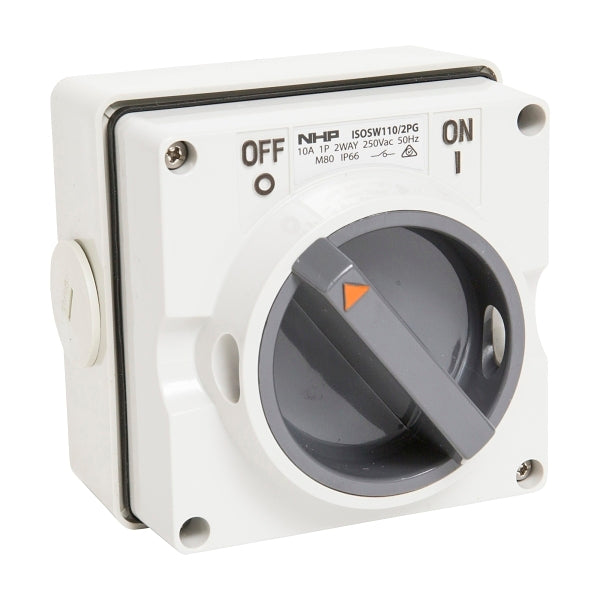 NHP ISO Surface Switch, 1 Pole 2 Way 10A 250V AC, w/ Base, Grey