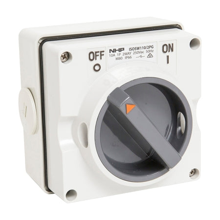 NHP ISO Surface Switch, 1 Pole 2 Way 10A 250V AC, w/ Base, Grey