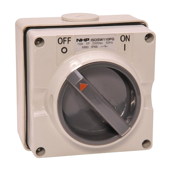 NHP ISO Surface Switch, 2 Pole 10A 250V AC, w/ Base, Grey