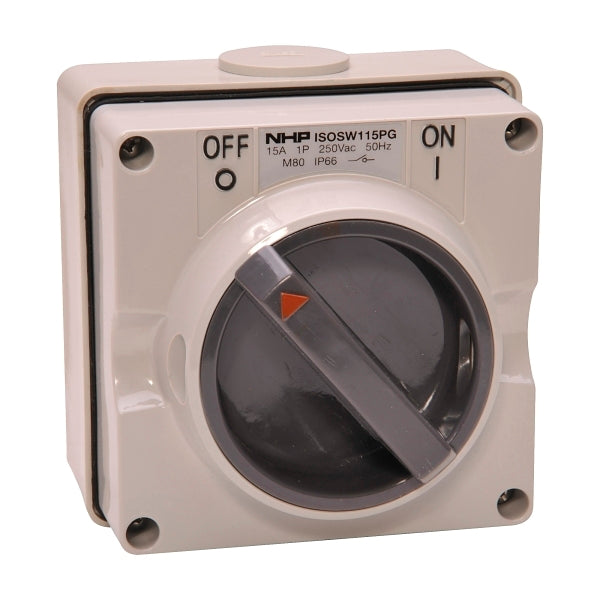 NHP ISO Surface Switch, 2 Pole 15A 250V AC, w/ Base, Grey