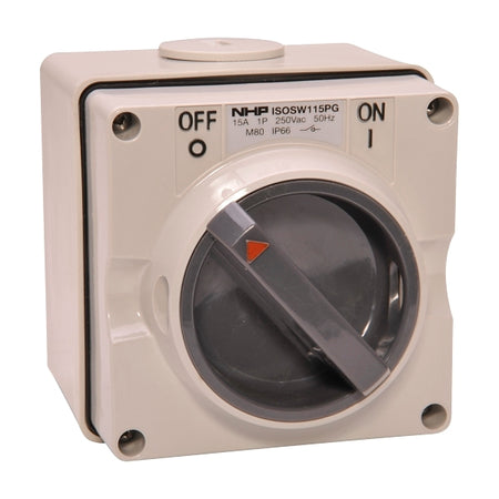 NHP ISO Surface Switch, 2 Pole 15A 250V AC, w/ Base, Grey