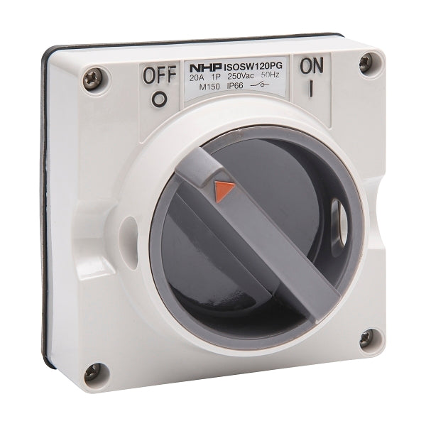 NHP ISO Surface Switch, 2 Pole 20A 250V AC, w/ Base, Grey
