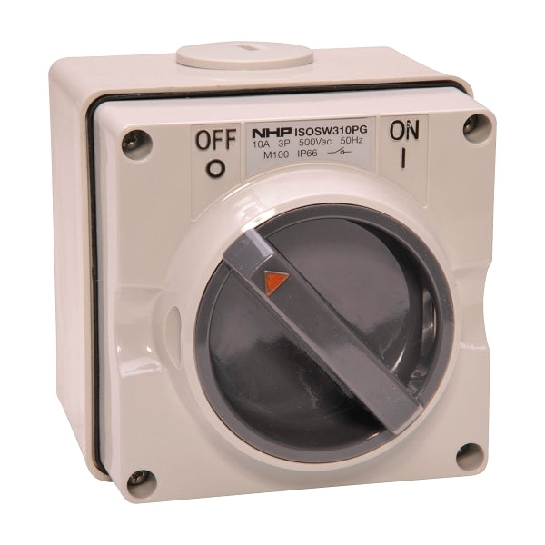 NHP ISO Surface Switch, 3 Pole 10A 500V AC, w/ Base, Grey