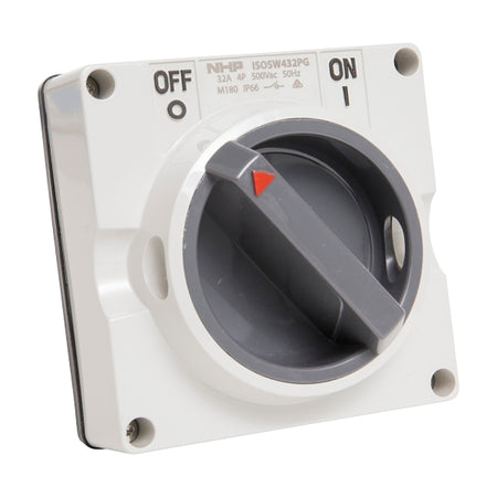 NHP ISO Surface Switch, 4 Pole 32A 500V AC, w/o Base, Grey