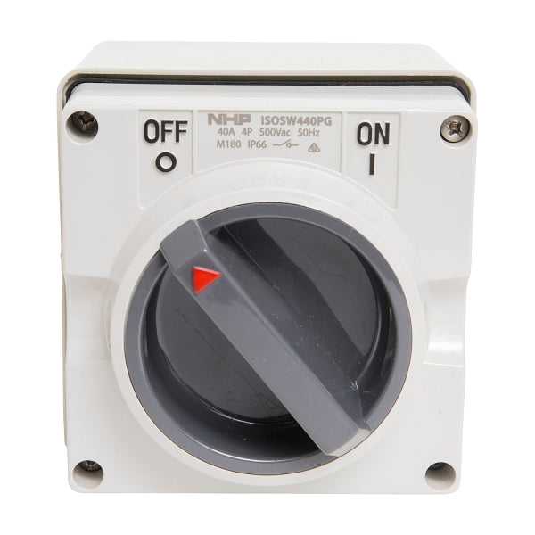 NHP ISO Surface Switch, 4 Pole 40A 500V AC, w/ Base, Grey