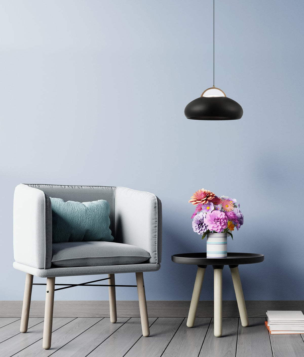 Kupol Interior LED Tri-CCT Dome with Brass Highlight Pendant Light - Black