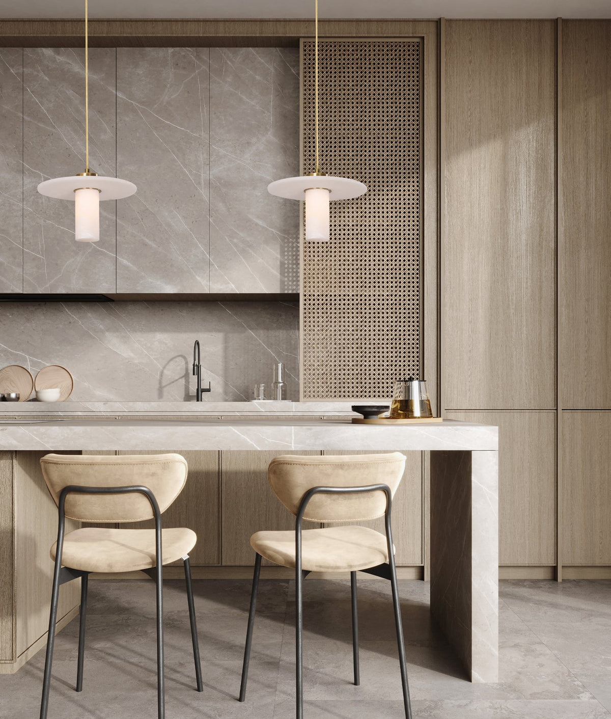 Lucerna Interior Cylinder Round Hat Alabaster Shade Brass Highlight Pendant Light