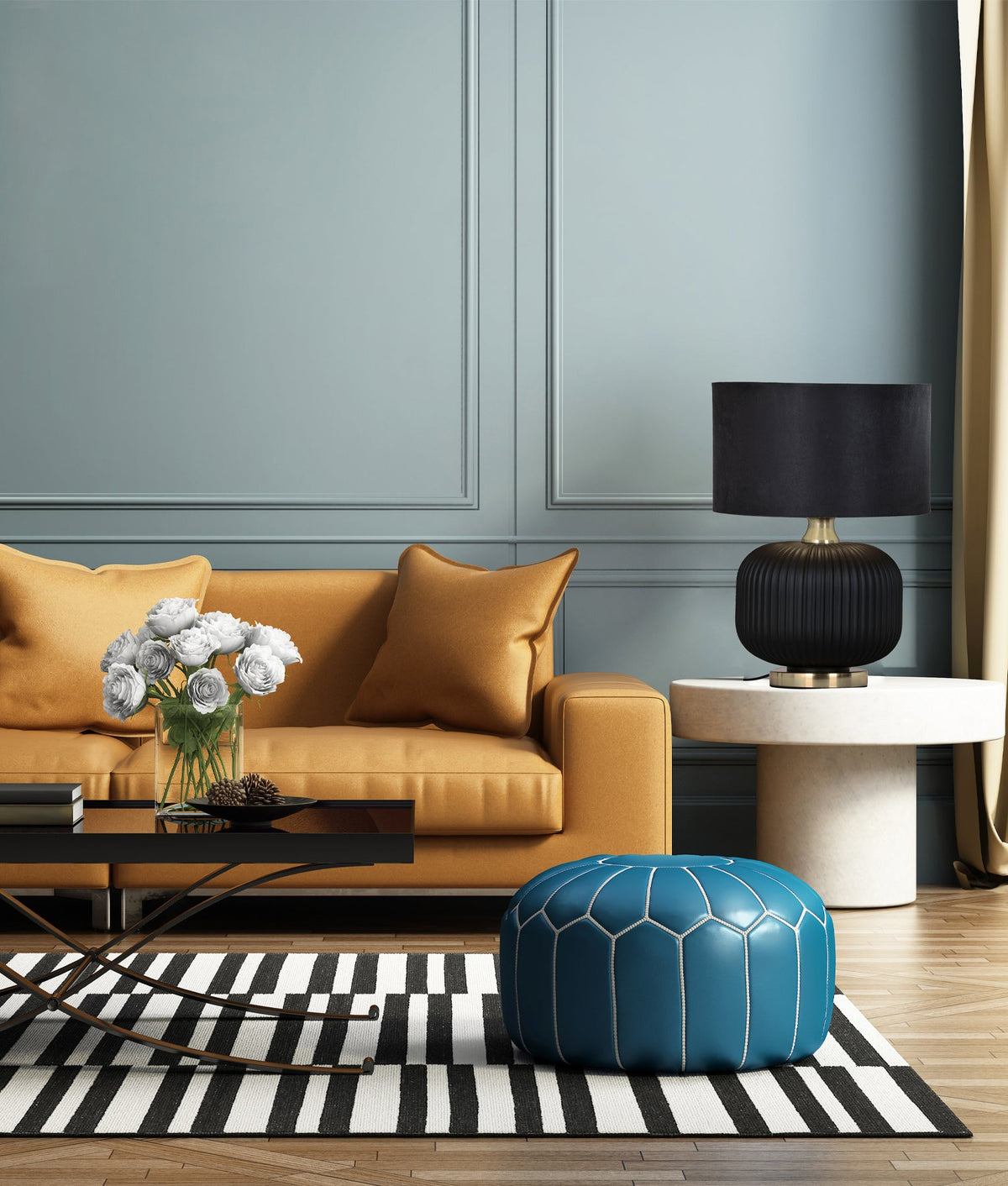 Lusso Interior Black Drum Shade Ceramic Base with Antique Brass Highlight Table Lamp - Large Black Base