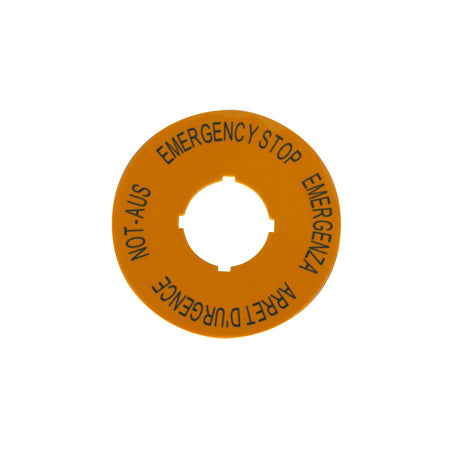 90mm round, yellow emergency stop legend plate (representative image)
