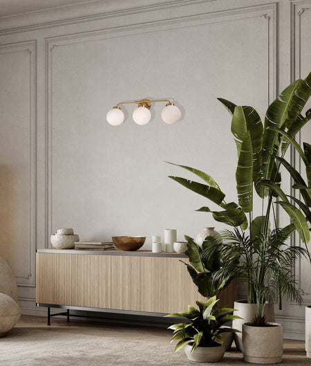 Palla Interior Triple Sphere Alabaster with Brass Highlight Round Base Wall Light