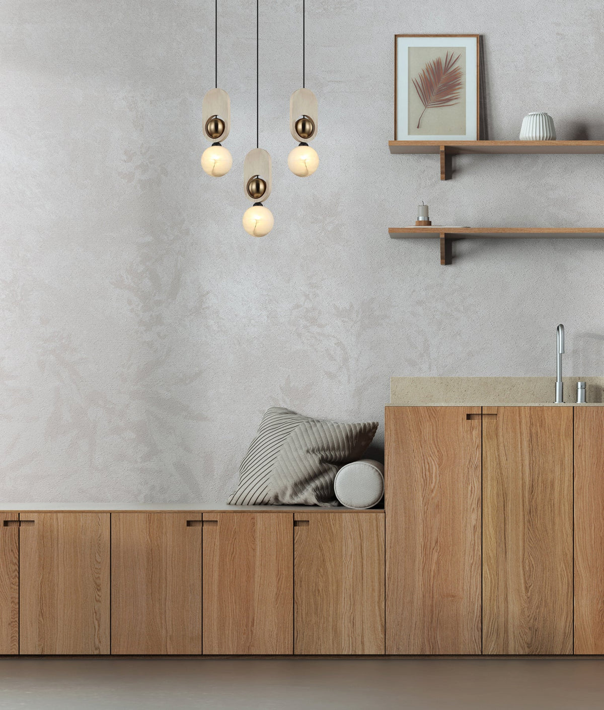 Palta Interior Sandblasted Opal Diffuser with Brass & Wood Highlight Pendant Light - Natural Wood
