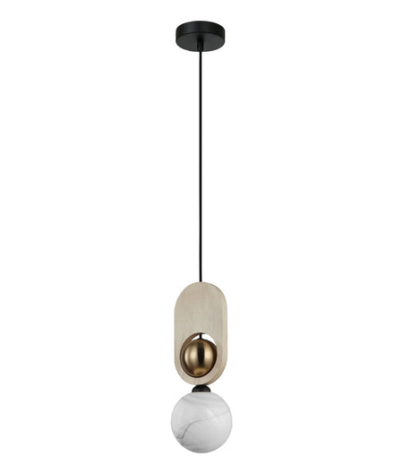 Palta Interior Sandblasted Opal Diffuser with Brass & Wood Highlight Pendant Light - Natural Wood