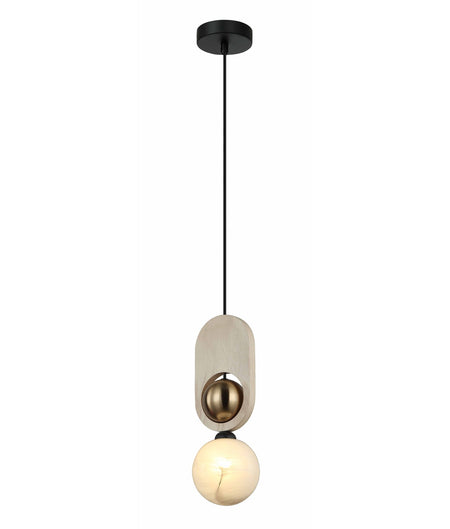 Palta Interior Sandblasted Opal Diffuser with Brass & Wood Highlight Pendant Light - Natural Wood