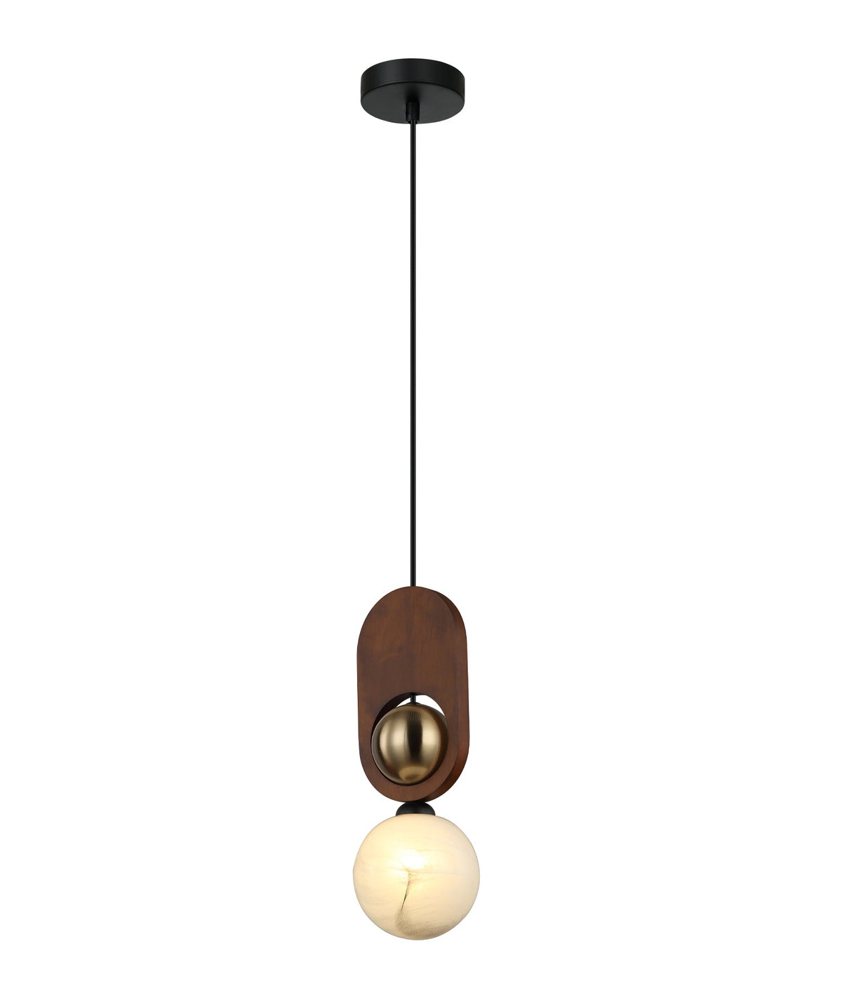 Palta Interior Sandblasted Opal Diffuser with Brass & Wood Highlight Pendant Light - Red Wood