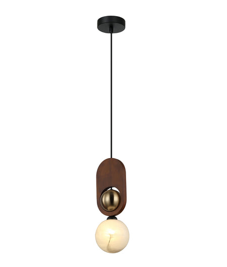 Palta Interior Sandblasted Opal Diffuser with Brass & Wood Highlight Pendant Light - Red Wood
