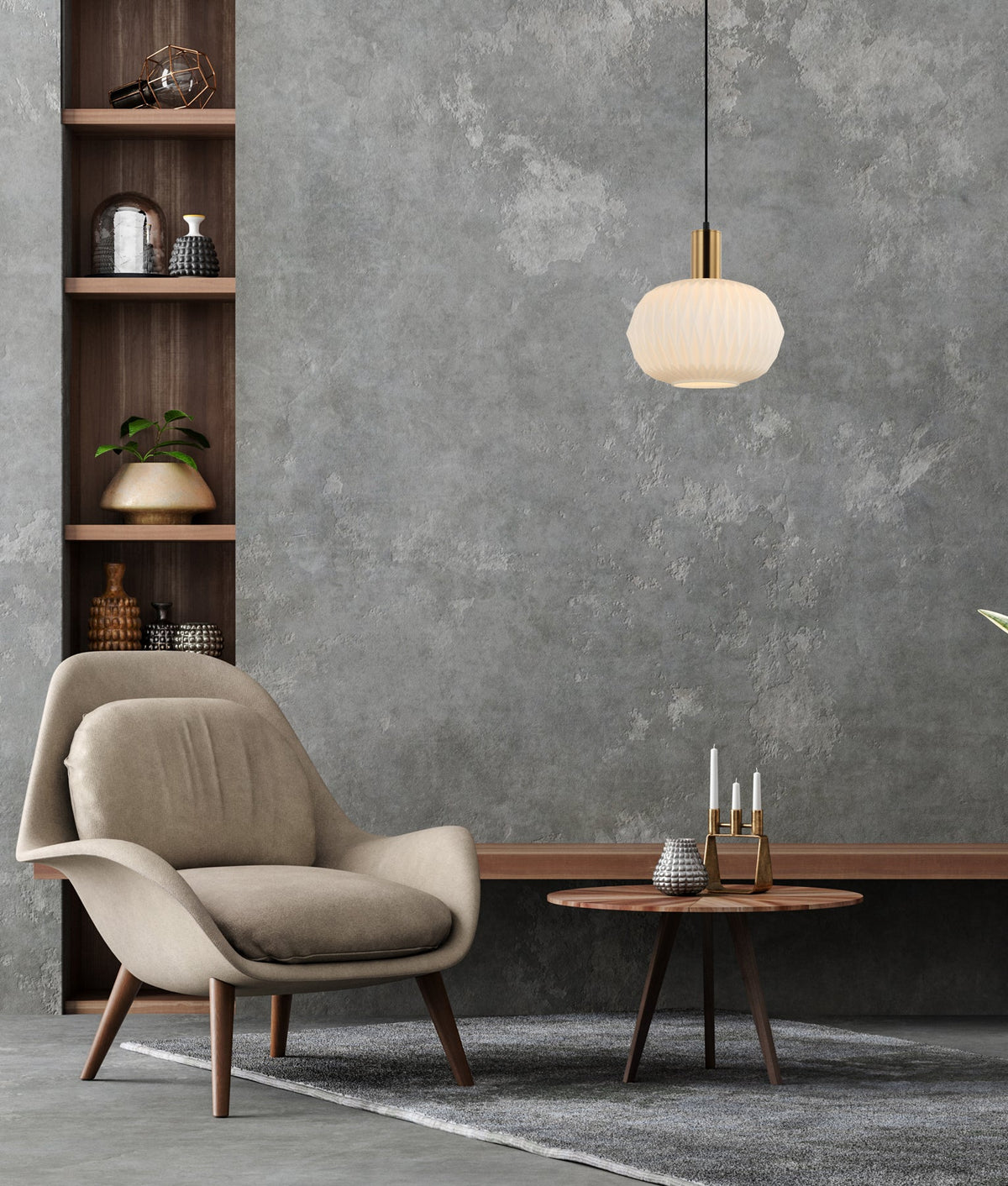 Papel Interior Pleated Opal Opaque / Translucent Dome Glass Pendant Light - Opaque Glass