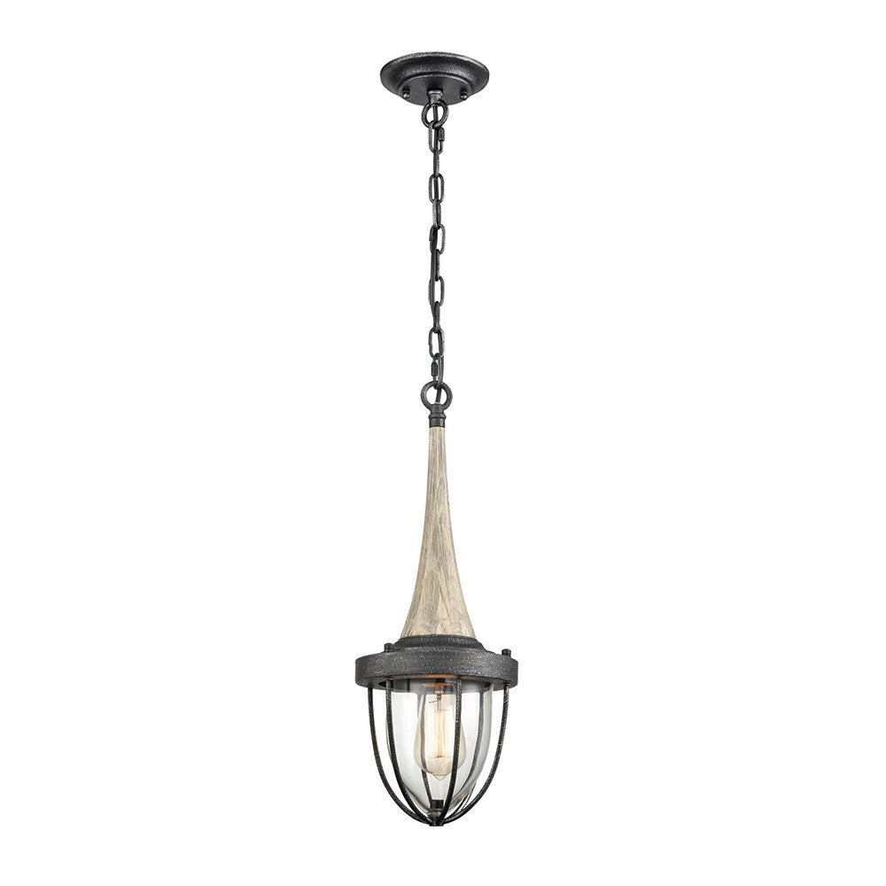 Industrial Caged Wood Pendant Weathered Charcoal