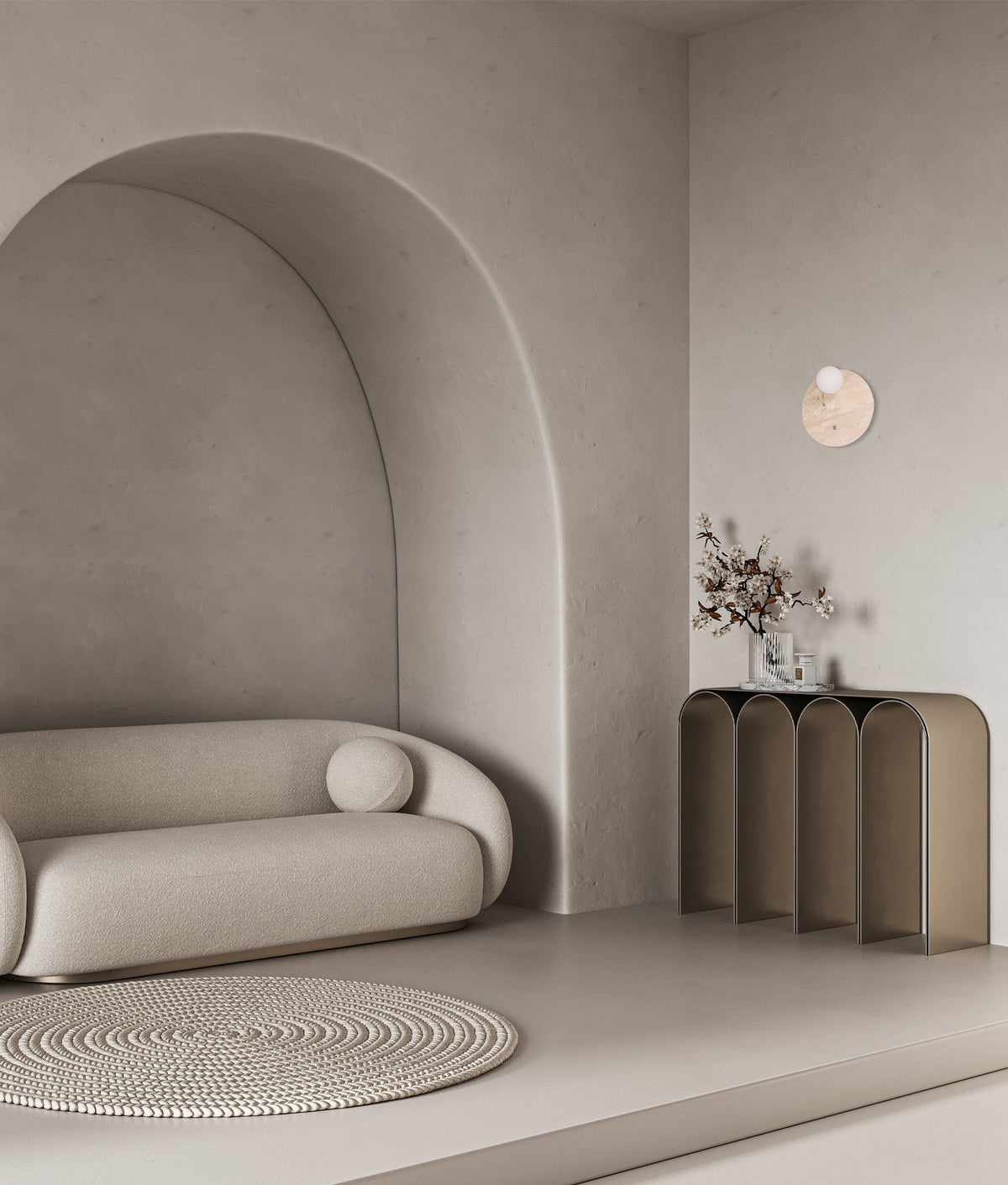 POI Interior Round Travertine Base with Beige Finish & Round Opal Diffuser Wall Light