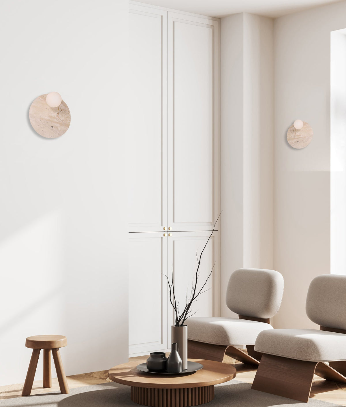 POI Interior Round Travertine Base with Beige Finish & Round Opal Diffuser Wall Light