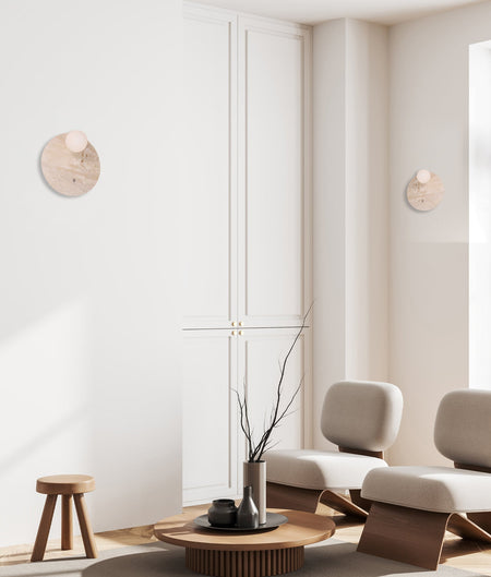 POI Interior Round Travertine Base with Beige Finish & Round Opal Diffuser Wall Light