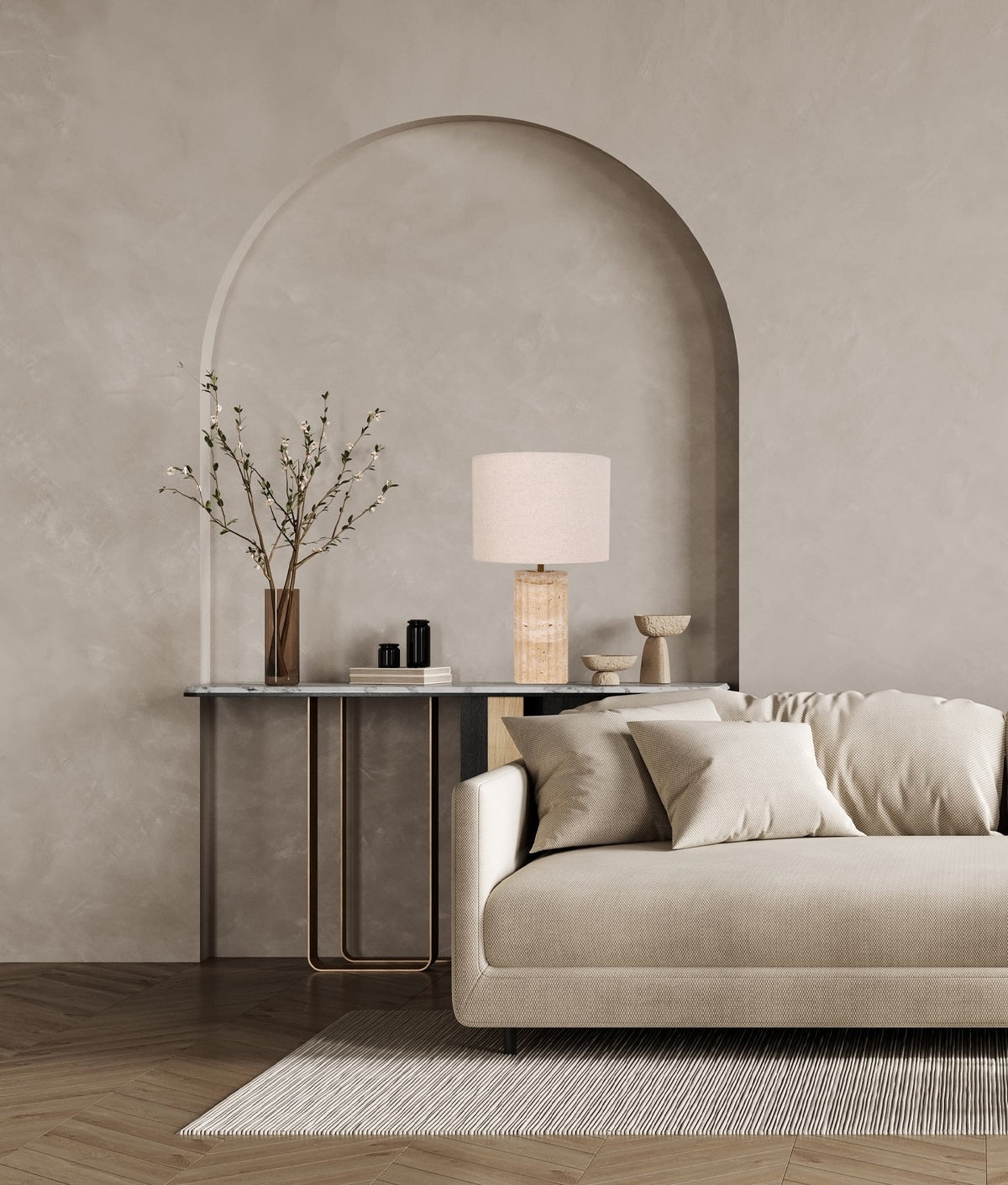 Sagitta Beige Travertine Base Oblong Fabric Cream Shade Table Lamp - Small