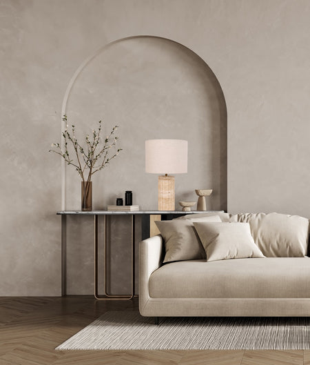 Sagitta Beige Travertine Base Oblong Fabric Cream Shade Table Lamp - Small