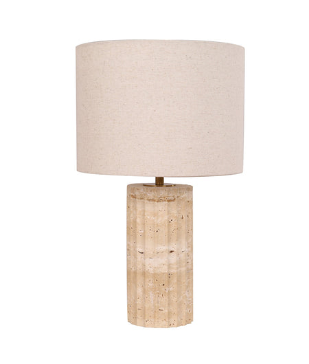 Sagitta Beige Travertine Base Oblong Fabric Cream Shade Table Lamp - Small