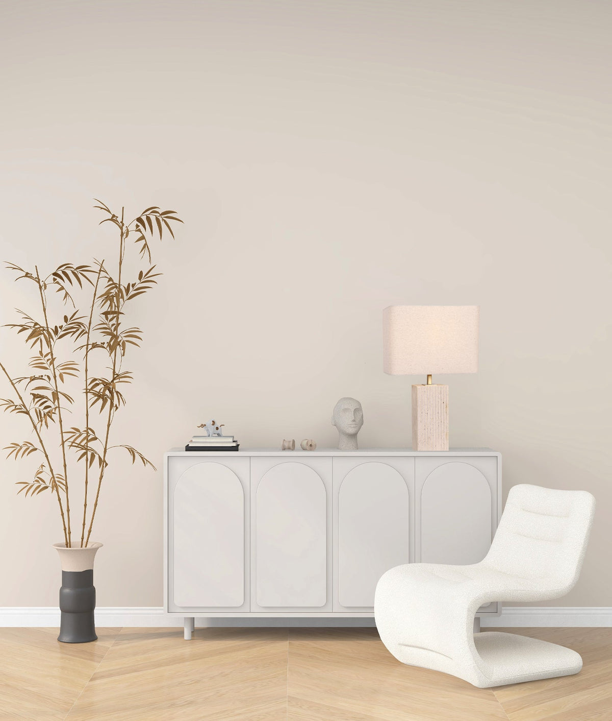 Sagitta Beige Travertine Base Rectangular Fabric Cream Shade Table Lamp - Large