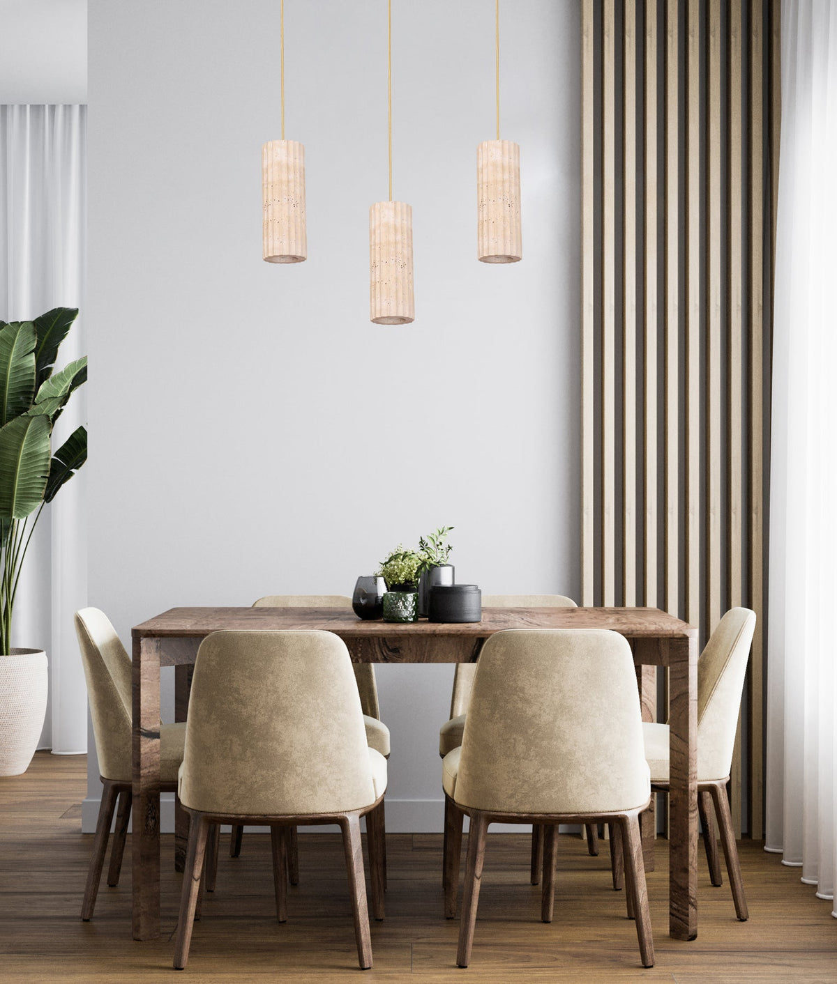 Sagitta Interior Oblong Beige Travertine with Brass Highlight Pendant Light