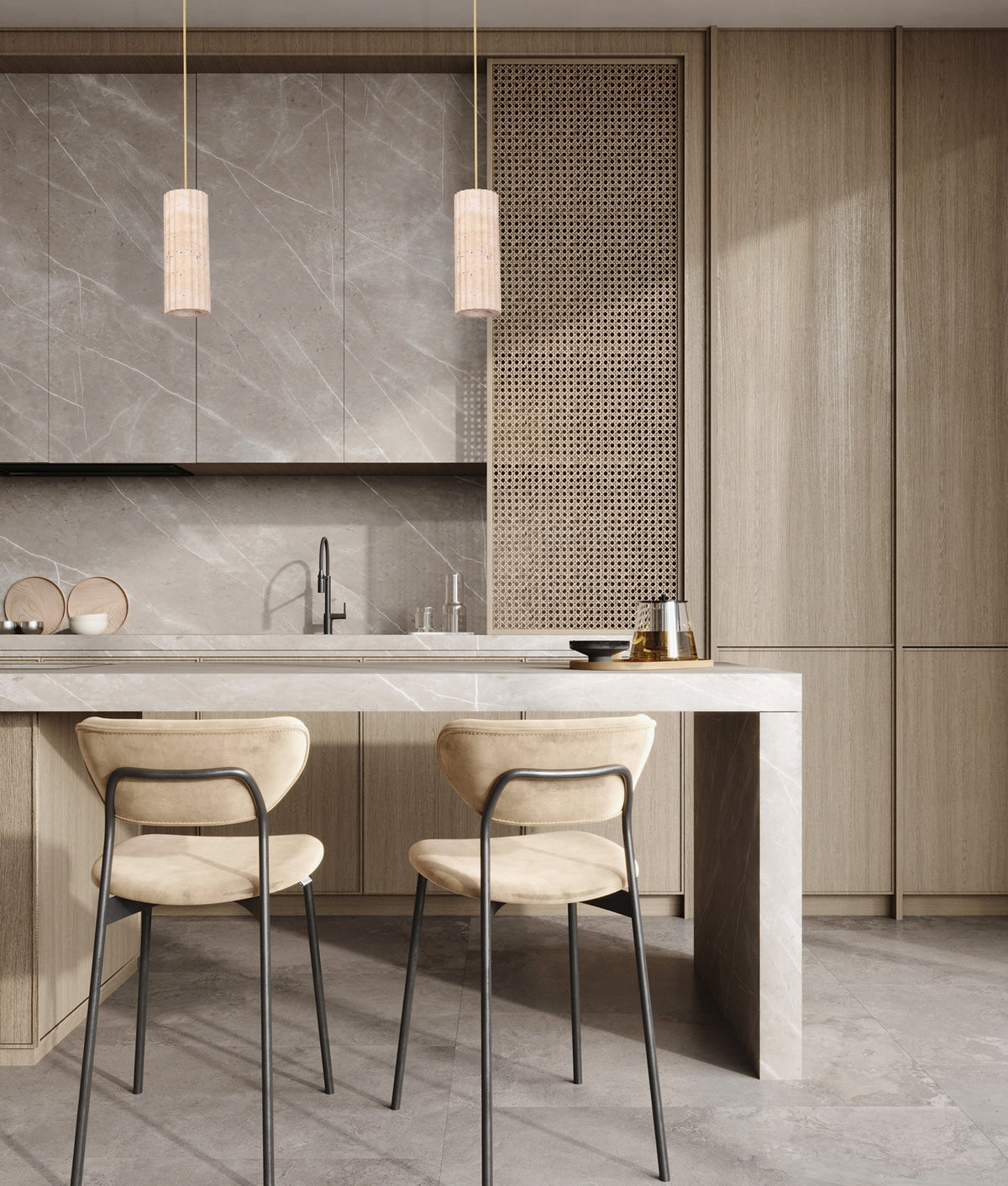 Sagitta Interior Oblong Beige Travertine with Brass Highlight Pendant Light