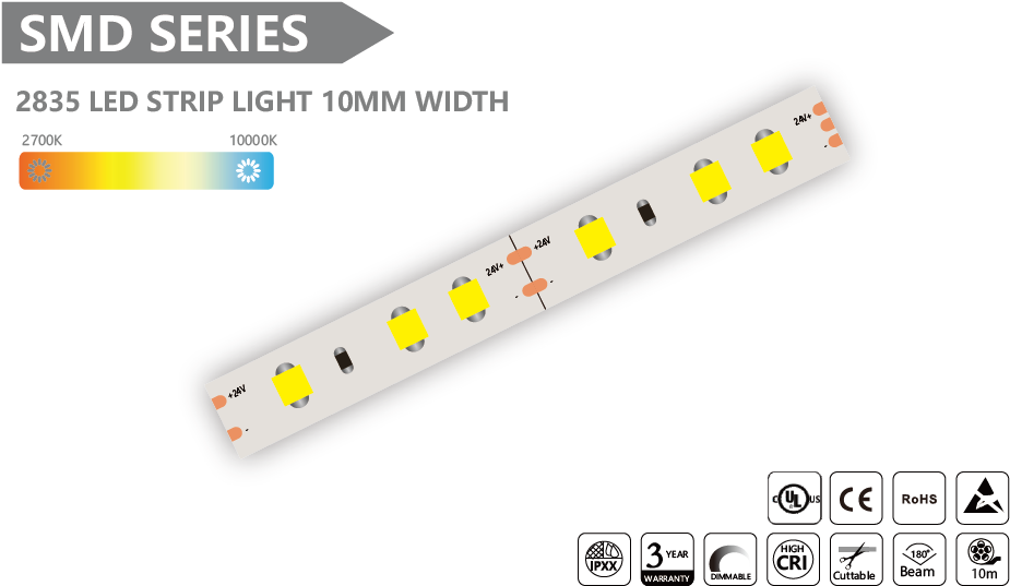 2835 LED STRIP LIGHT 10MM WIDTH SMD Led Strip - 10m/reel