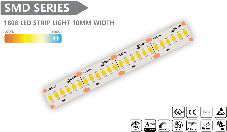 1808 LED STRIP LIGHT 10MM WIDTH SMD Led Strip - 10m/reel