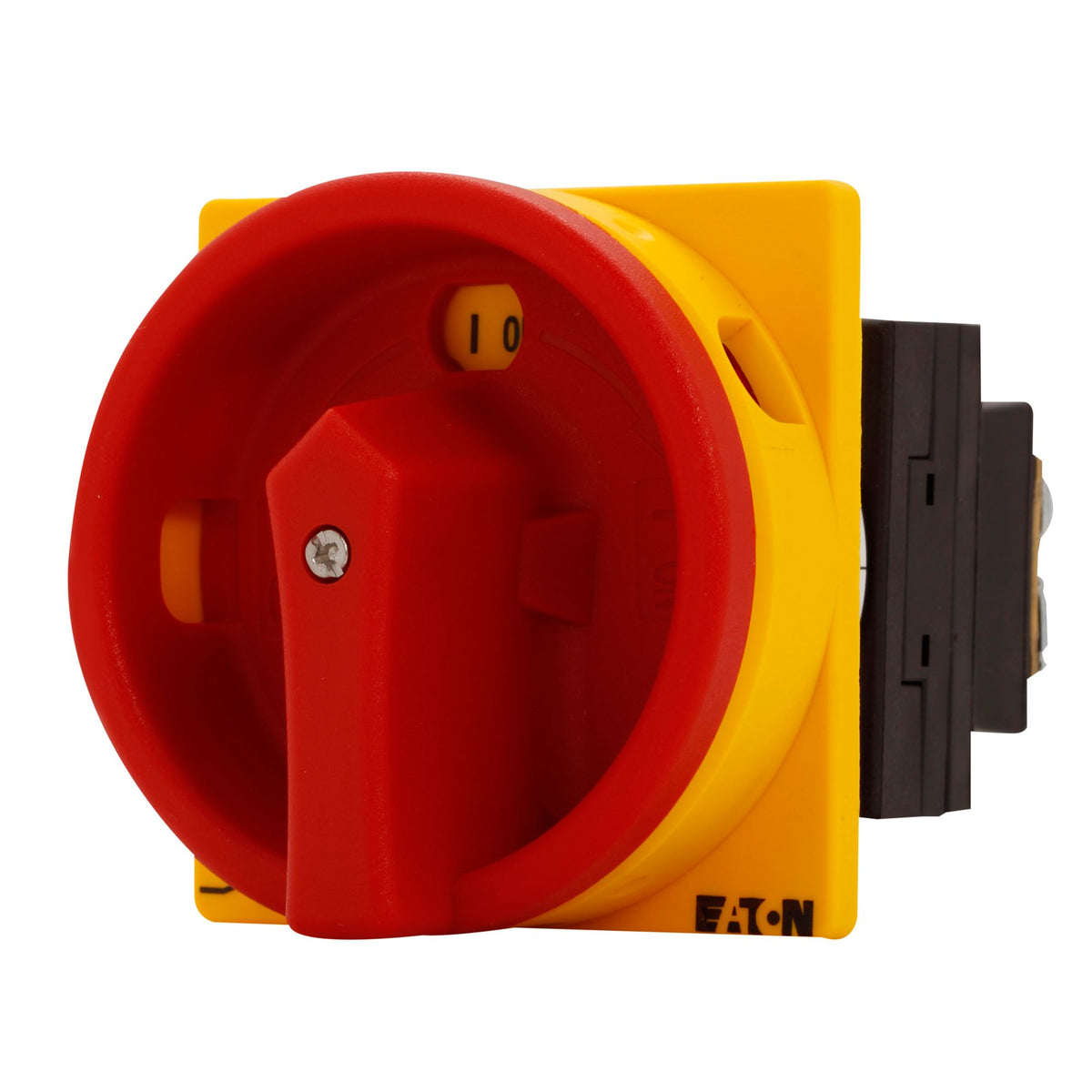 Panel mt Cam Switch 2pole 20A ON/OFF with Red/yellow Pad. Handle - left view