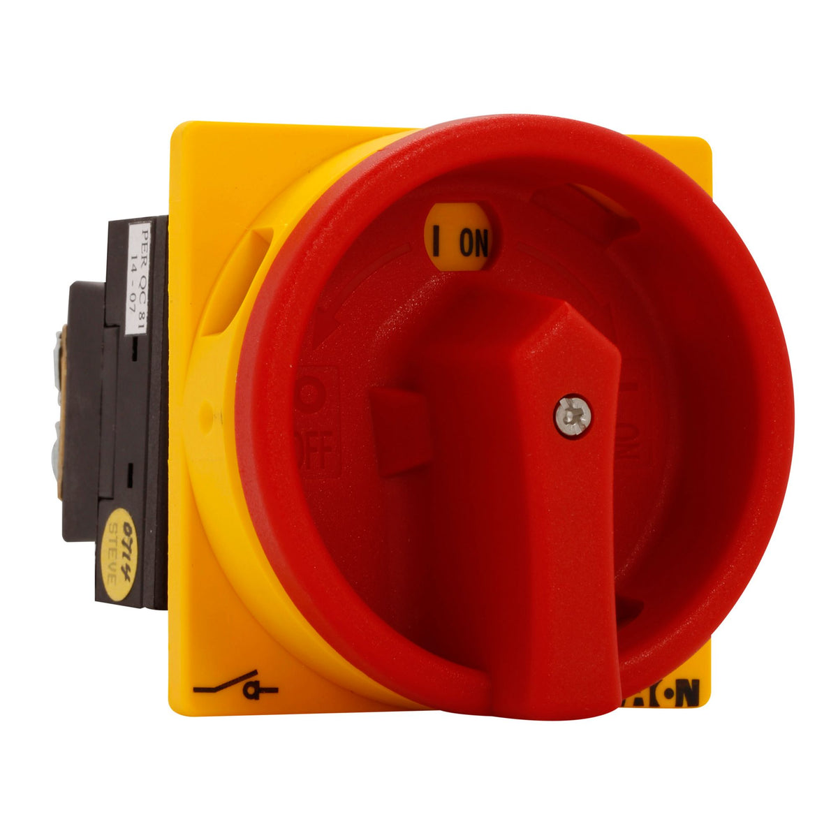 Panel mt Cam Switch 2pole 20A ON/OFF with Red/yellow Pad. Handle - right view