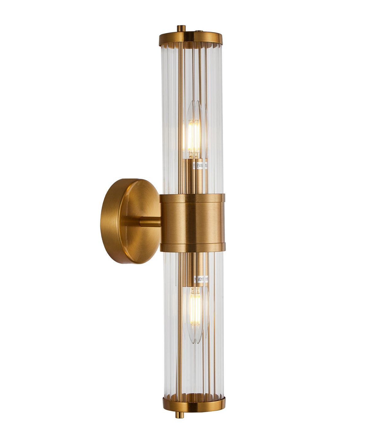 Tiempo Interior Up/Down Tubular Clear Glass Wall Light - Antique Brass