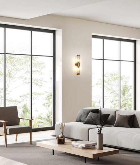Tiempo Interior Up/Down Tubular Clear Glass Wall Light - Antique Brass