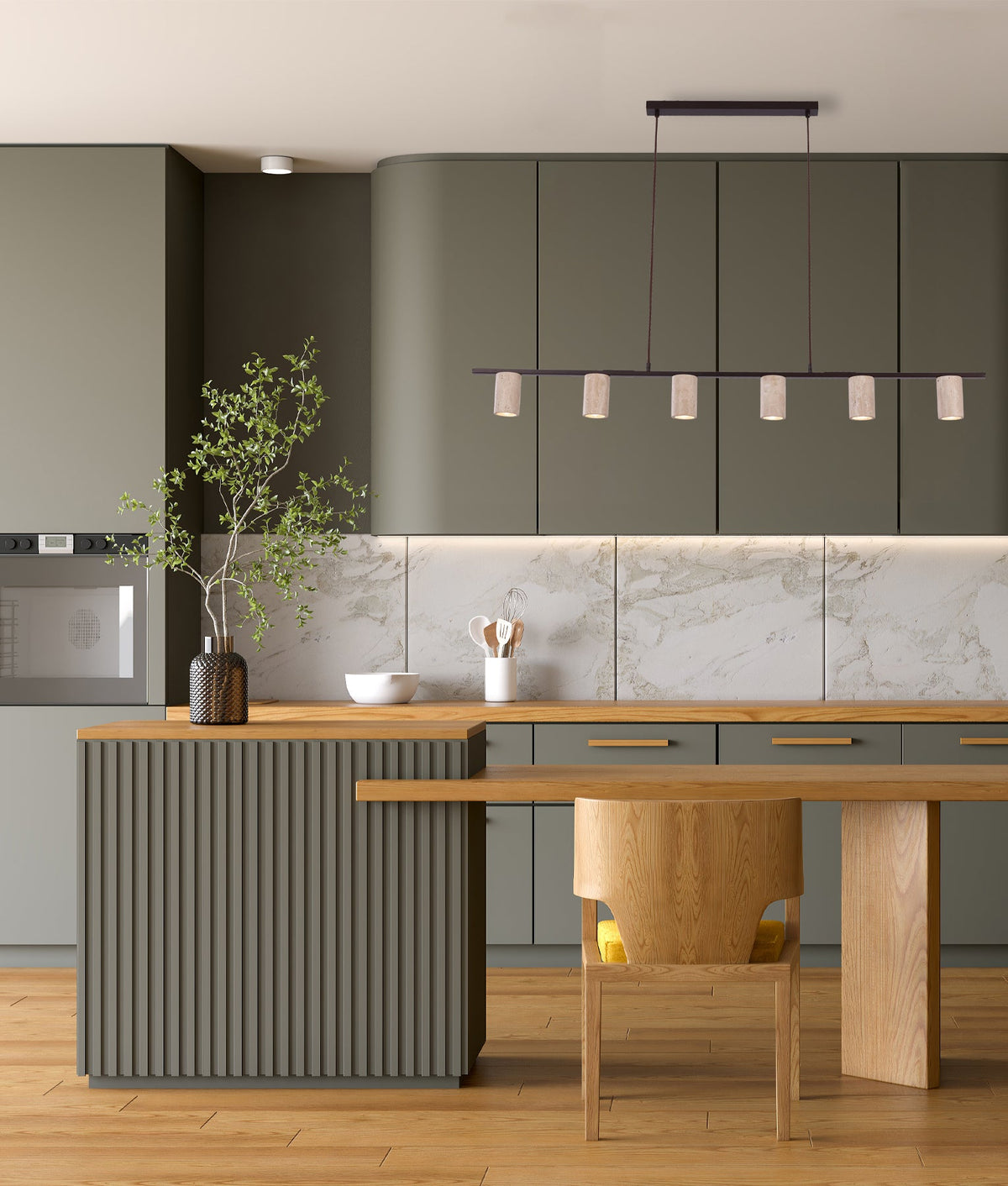 Tuberia Interior Linear Bar with Beige Travertine Tubular Shade Pendant Light