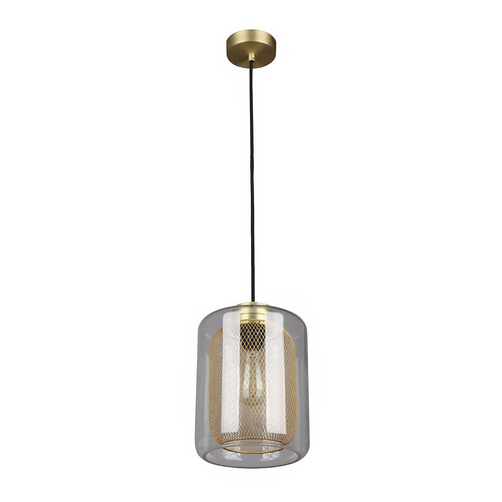 Oblong Glass Pendant Brass Mesh